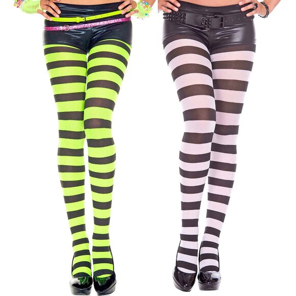 Wide Striped Nylon Tights Womens One Size OS Neon Green/Black Pantyhose Hosiery - Picture 4 of 5